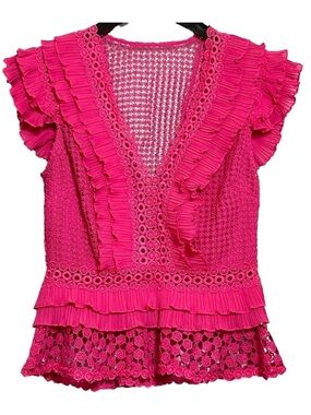 SAYLOR Pink Peplum Eyelet Blouse Ruffled Flutter Romantic XS Statement Top